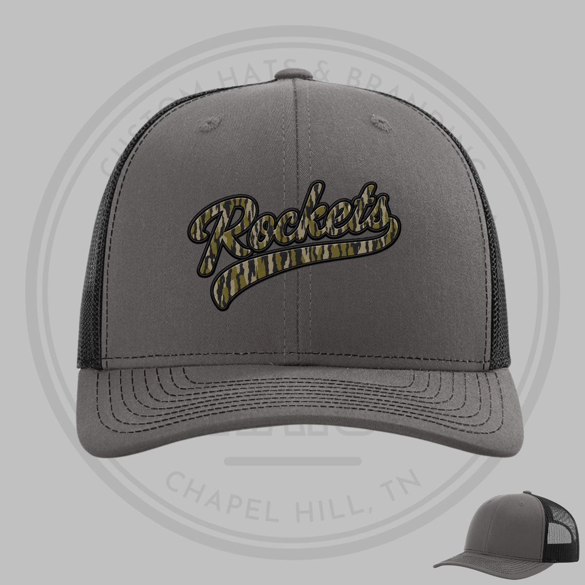 Gray baseball cap with camo Rockets logo, contrasting light gray underbill