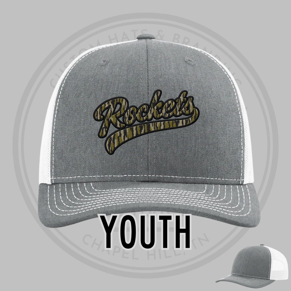 Light heather grey youth baseball cap with Rockets camo logo and mesh back