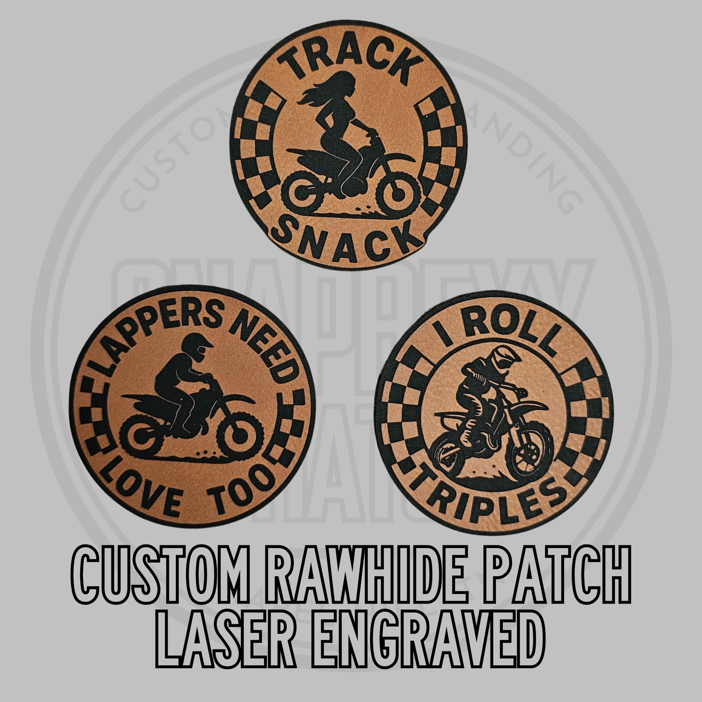 Custom rawhide patch with three circular motorcycle emblems and dark lettering