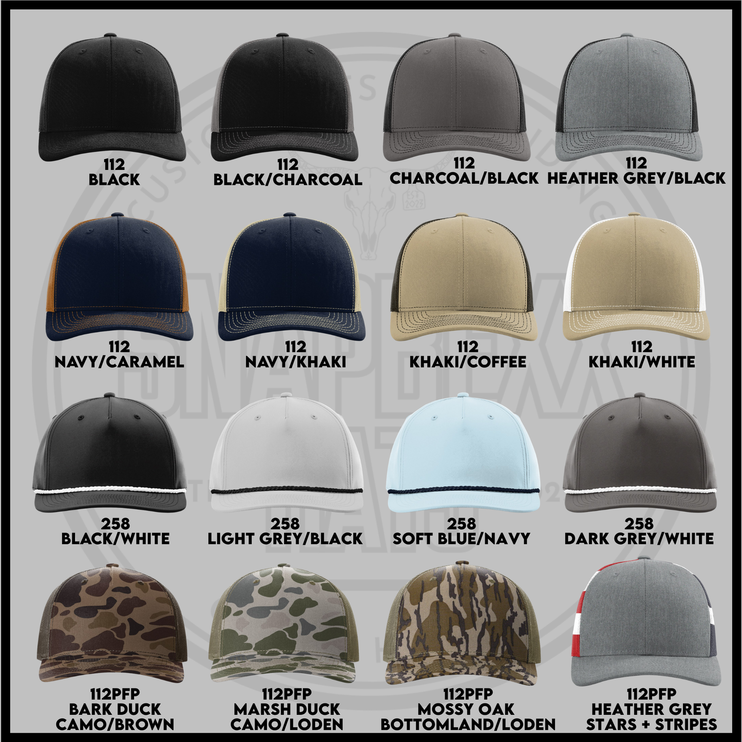 Custom dog personality baseball caps, assorted colors and trims shown together.