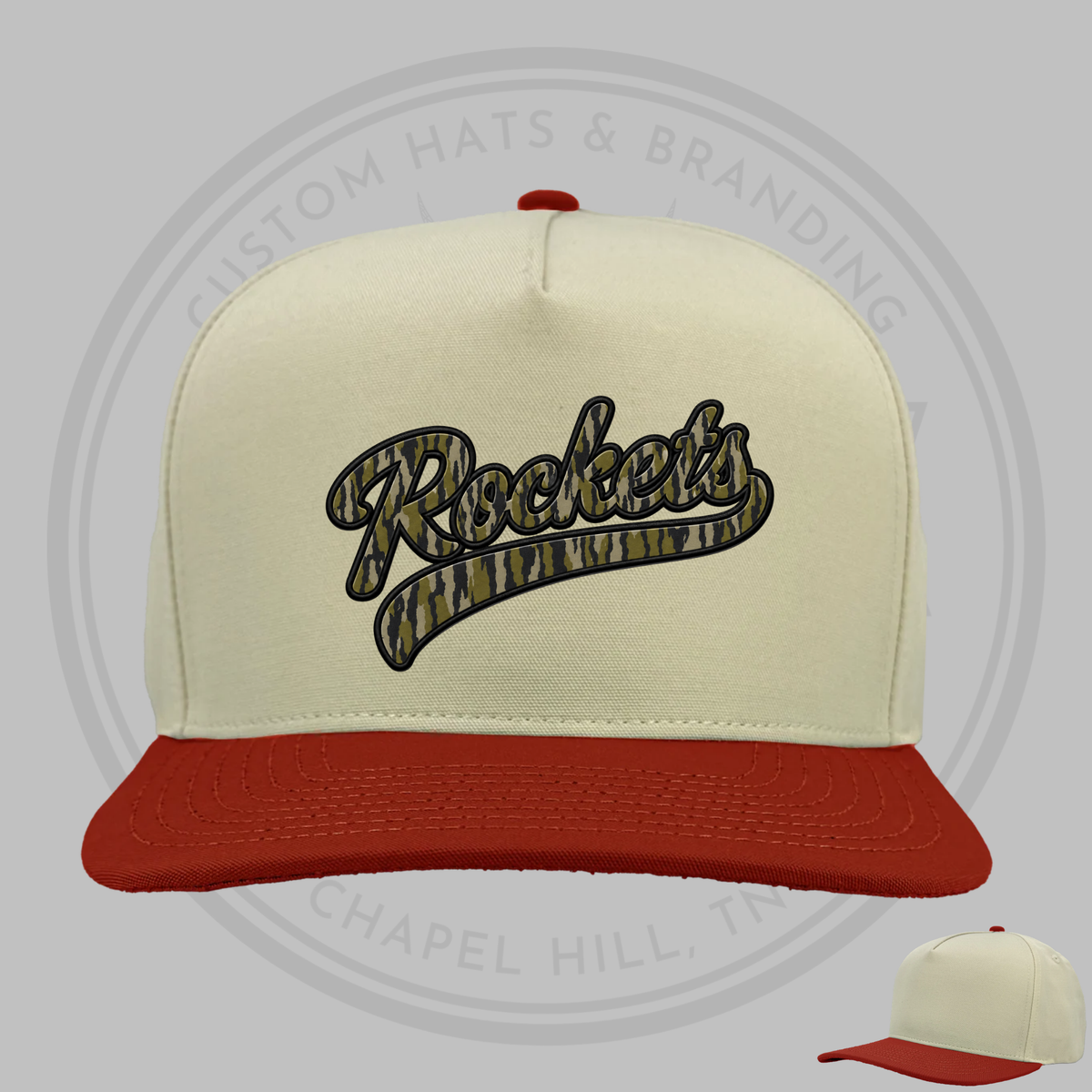 Cream baseball cap with red brim and dark Rockets script logo