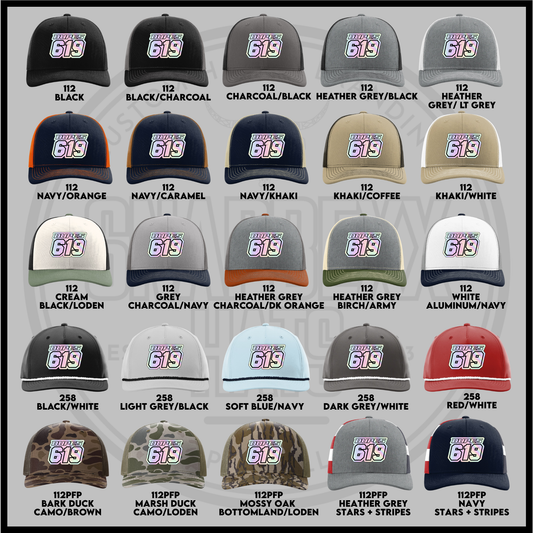 Assorted Richardson 112PFP trucker caps showing multiple colors and '619' logos
