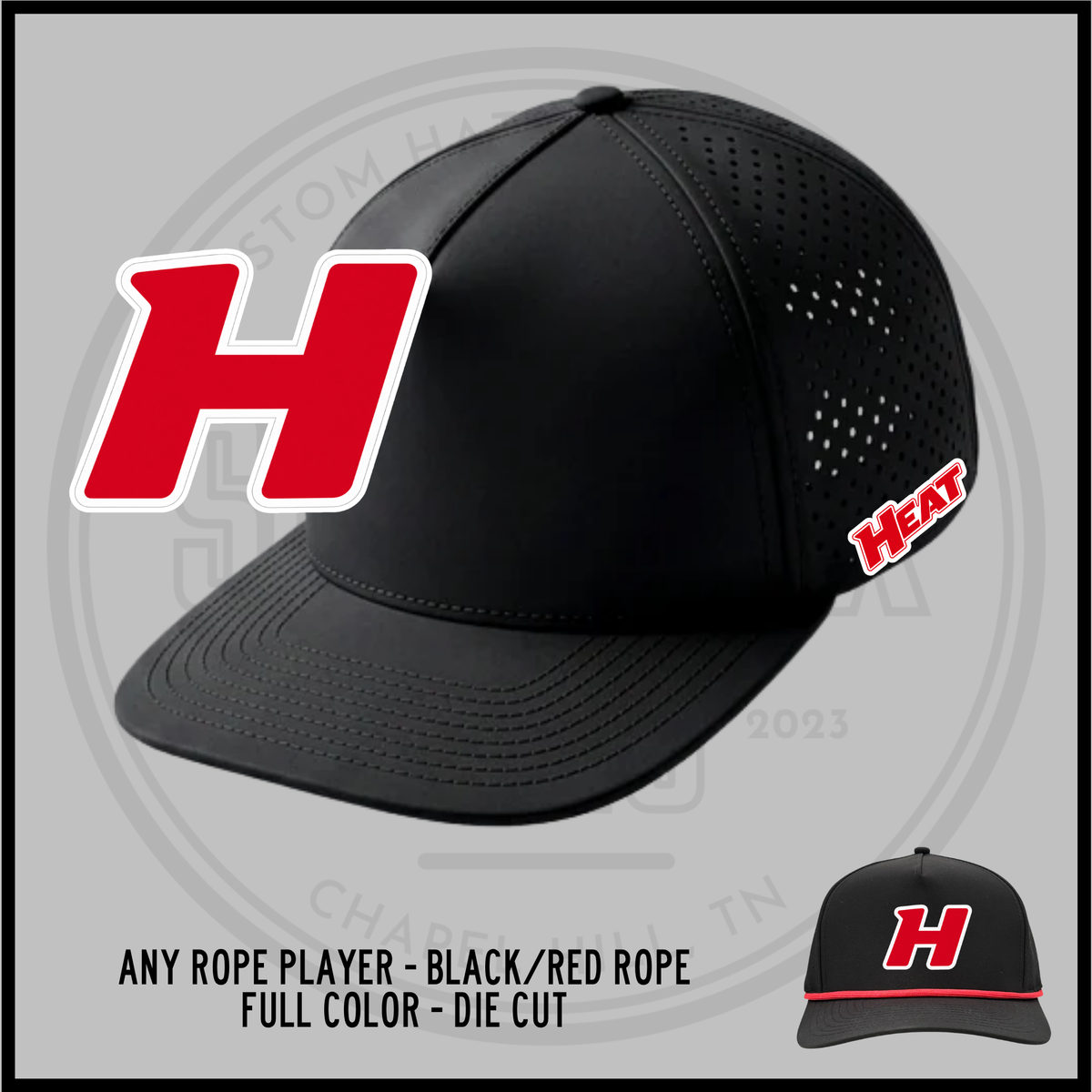 Black perforated baseball cap with red Hoosier Heat H front logo and HEAT side patch