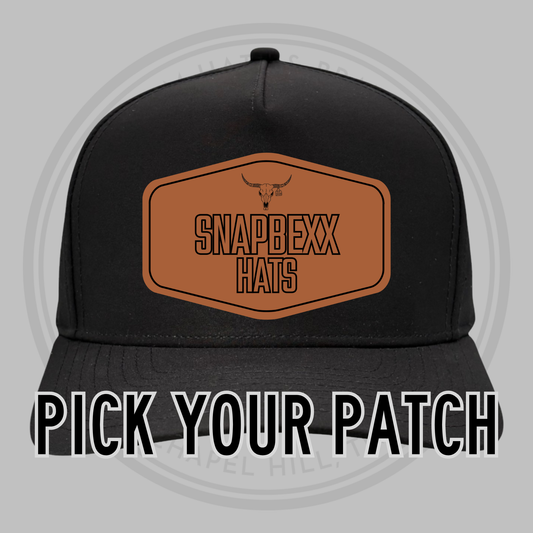 Black baseball cap front with patch area and SNAPDEXX HATS logo
