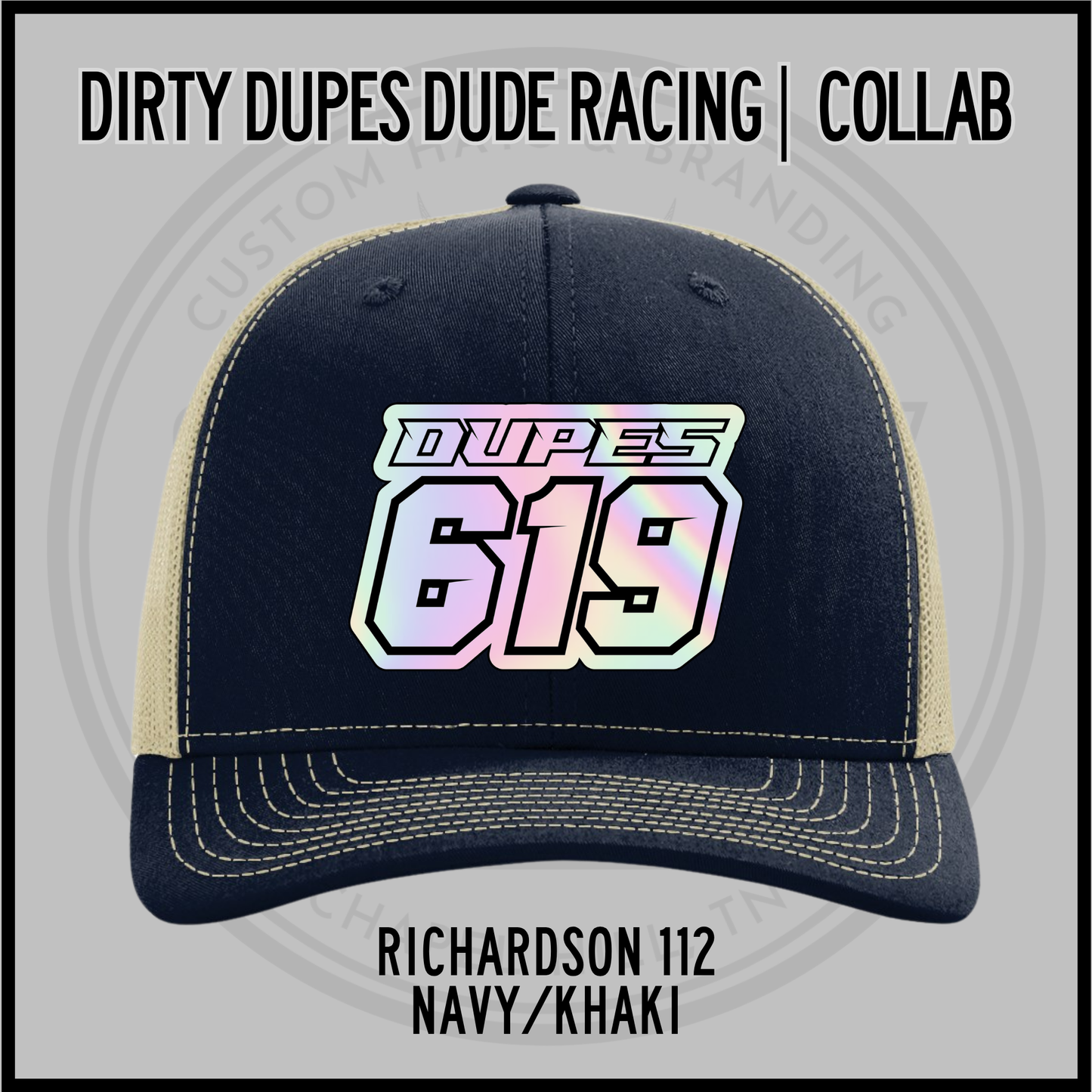 Navy/khaki Richardson 112 racing cap with DUPES 619 front patch