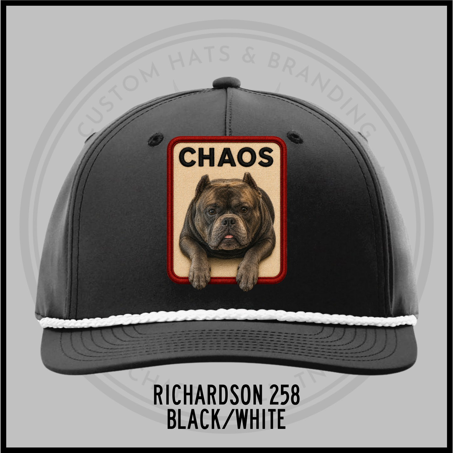 Customized dog personality baseball cap, dark black with white trim, patch 'CHAOS'.