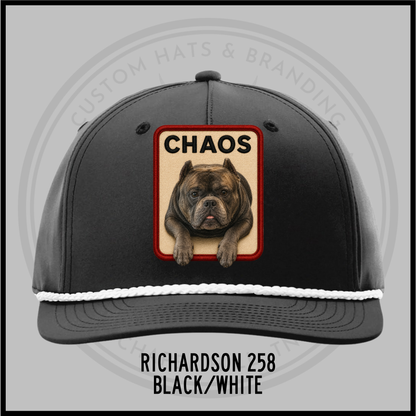 Customized dog personality baseball cap, dark black with white trim, patch 'CHAOS'.