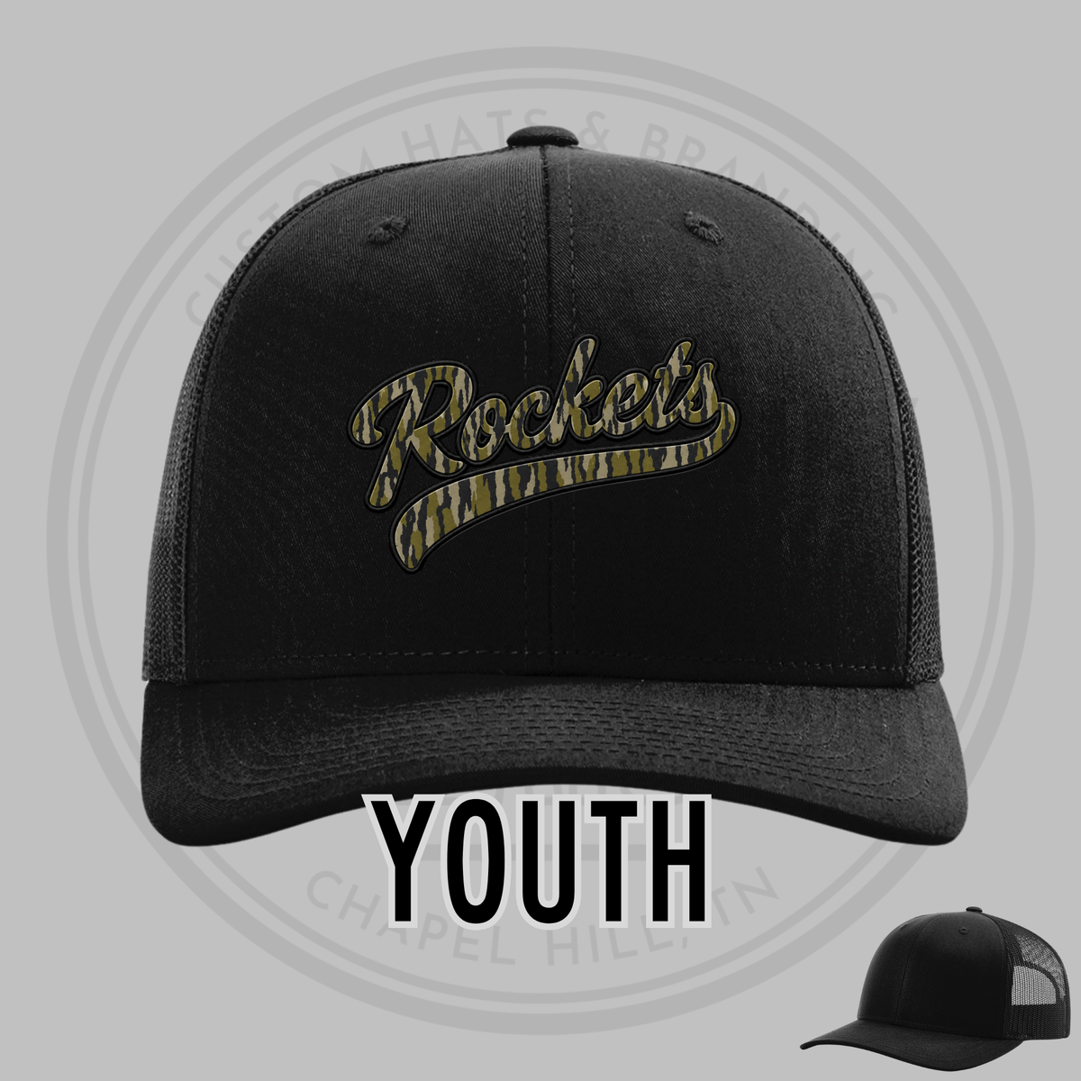 Black youth baseball cap with Rockets camo logo and mesh back