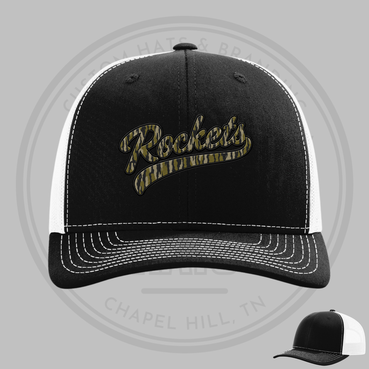 Black baseball cap with camo Rockets logo, white underside, stitched adjustable strap