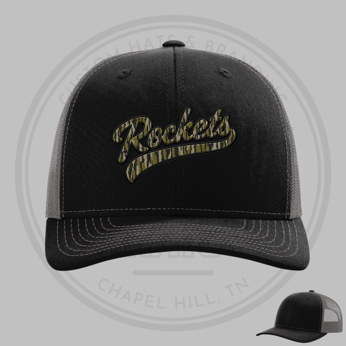 Dark baseball cap with camo Rockets logo, curved brim with textured underpanel