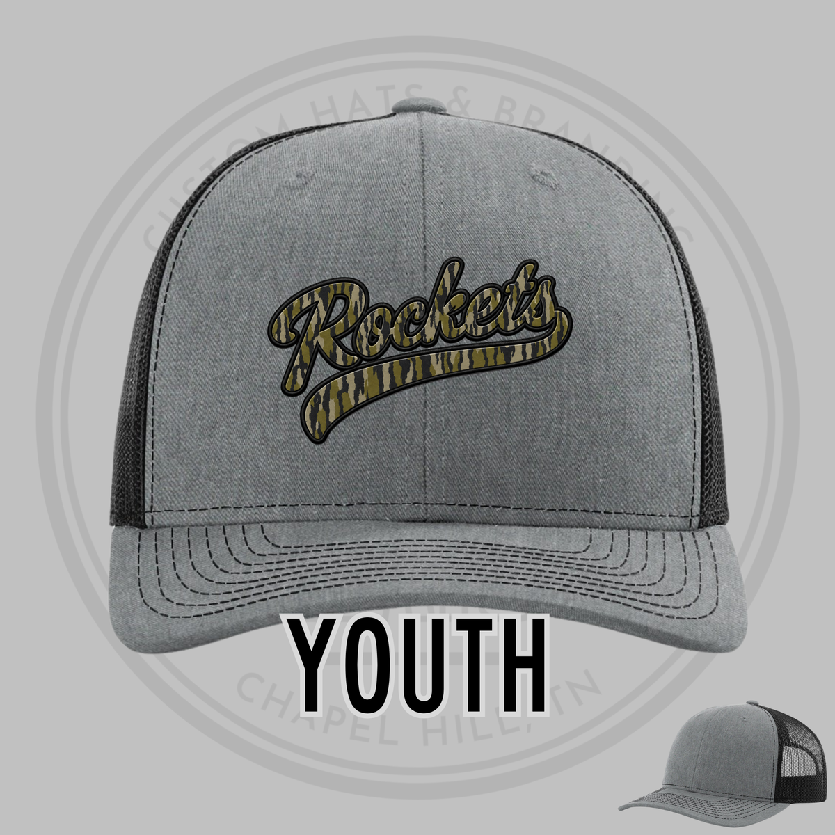 Heather grey youth baseball cap with Rockets camo logo and mesh back