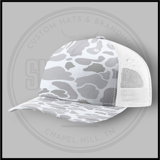 Richardson trucker cap with white mesh back and gray duck camo front panels