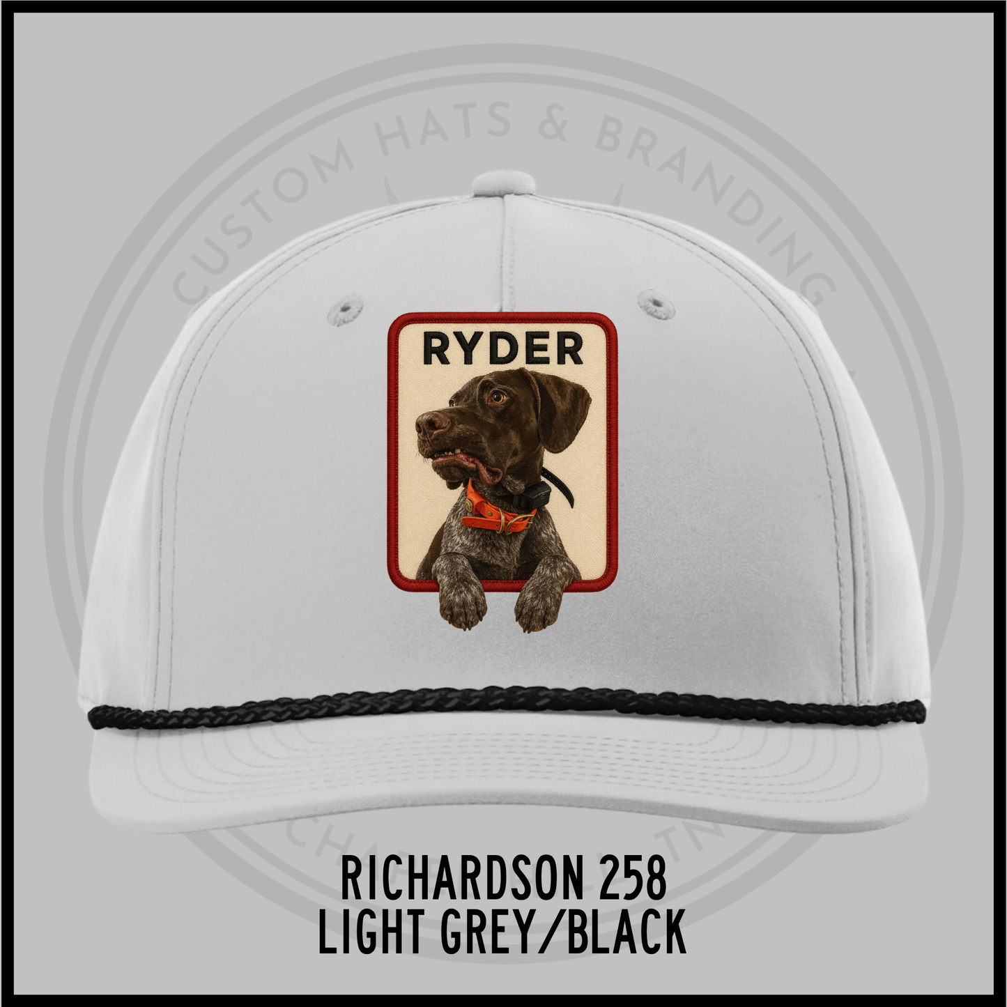 Customized dog personality baseball cap, light grey with black trim, patch 'RYDER'.