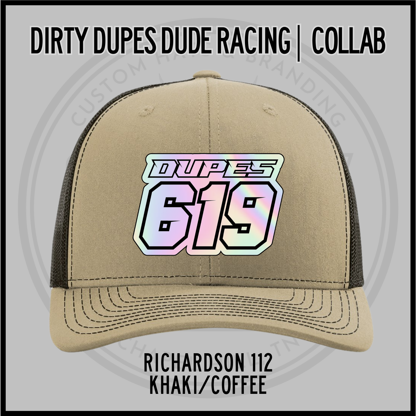 Khaki/coffee Richardson 112 racing cap with DUPES 619 front patch