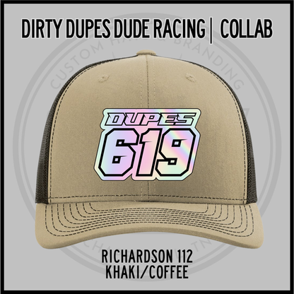 Khaki/coffee Richardson 112 racing cap with DUPES 619 front patch