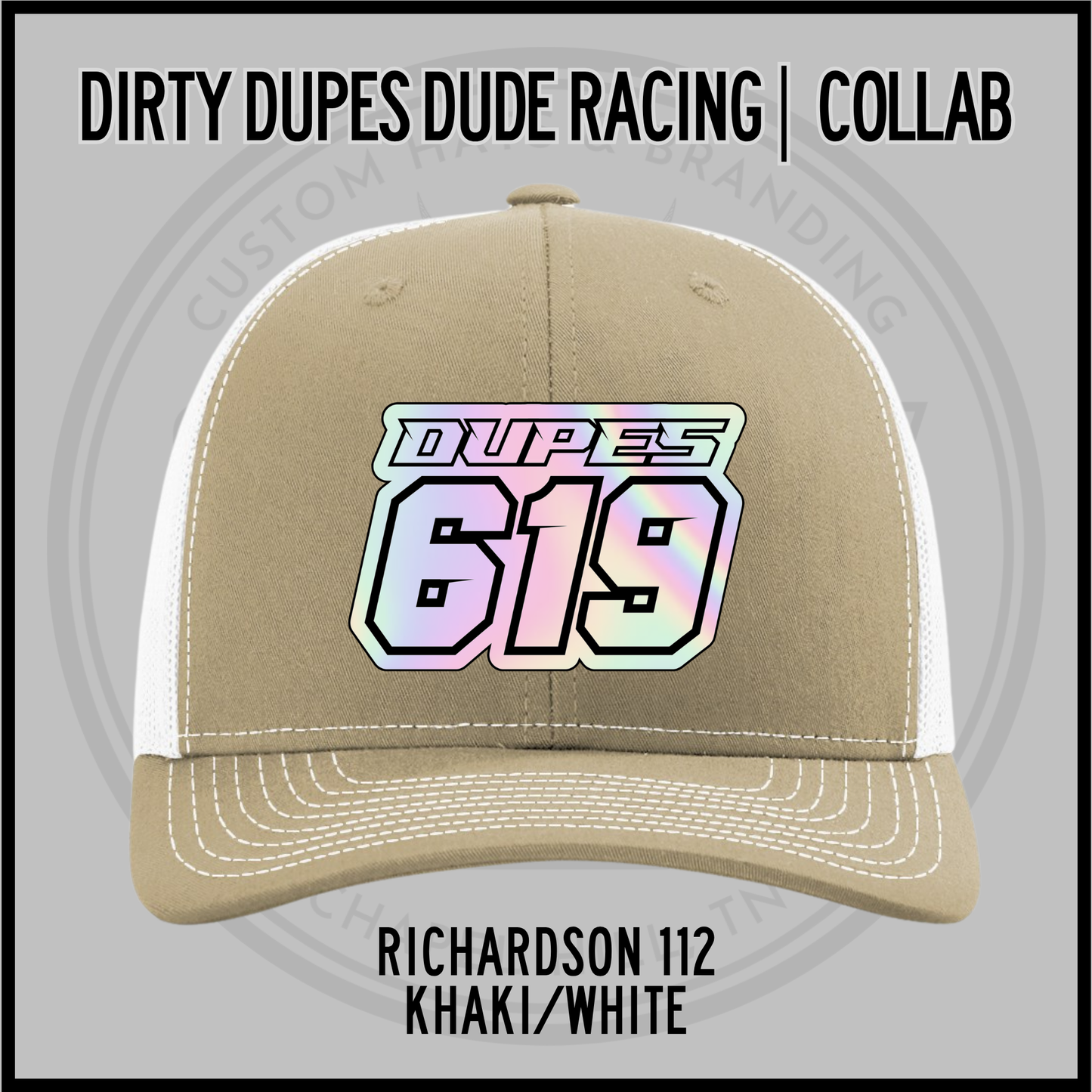 Khaki/white Richardson 112 racing cap with DUPES 619 front patch
