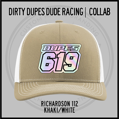 Khaki/white Richardson 112 racing cap with DUPES 619 front patch