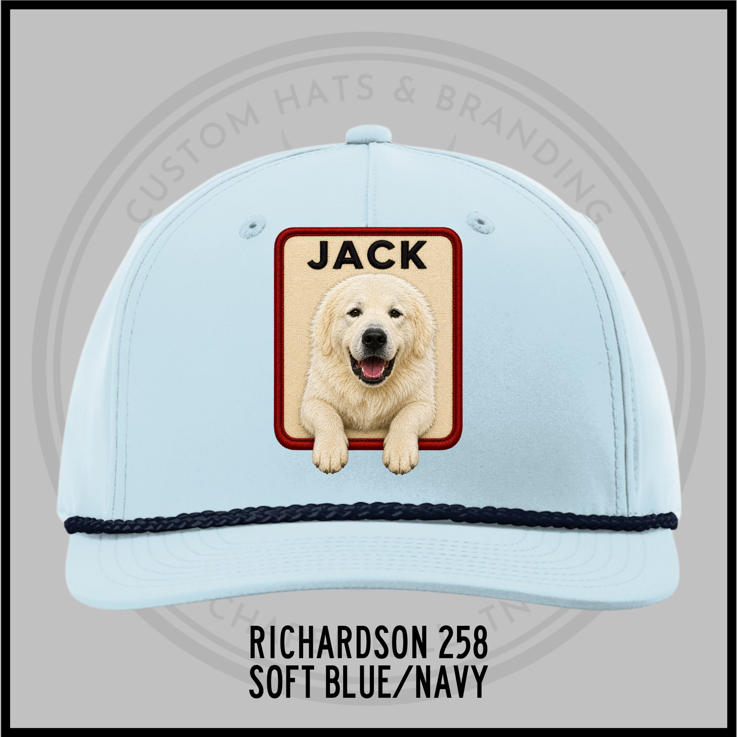 Customized dog personality baseball cap, soft blue with navy trim, patch 'JACK'.