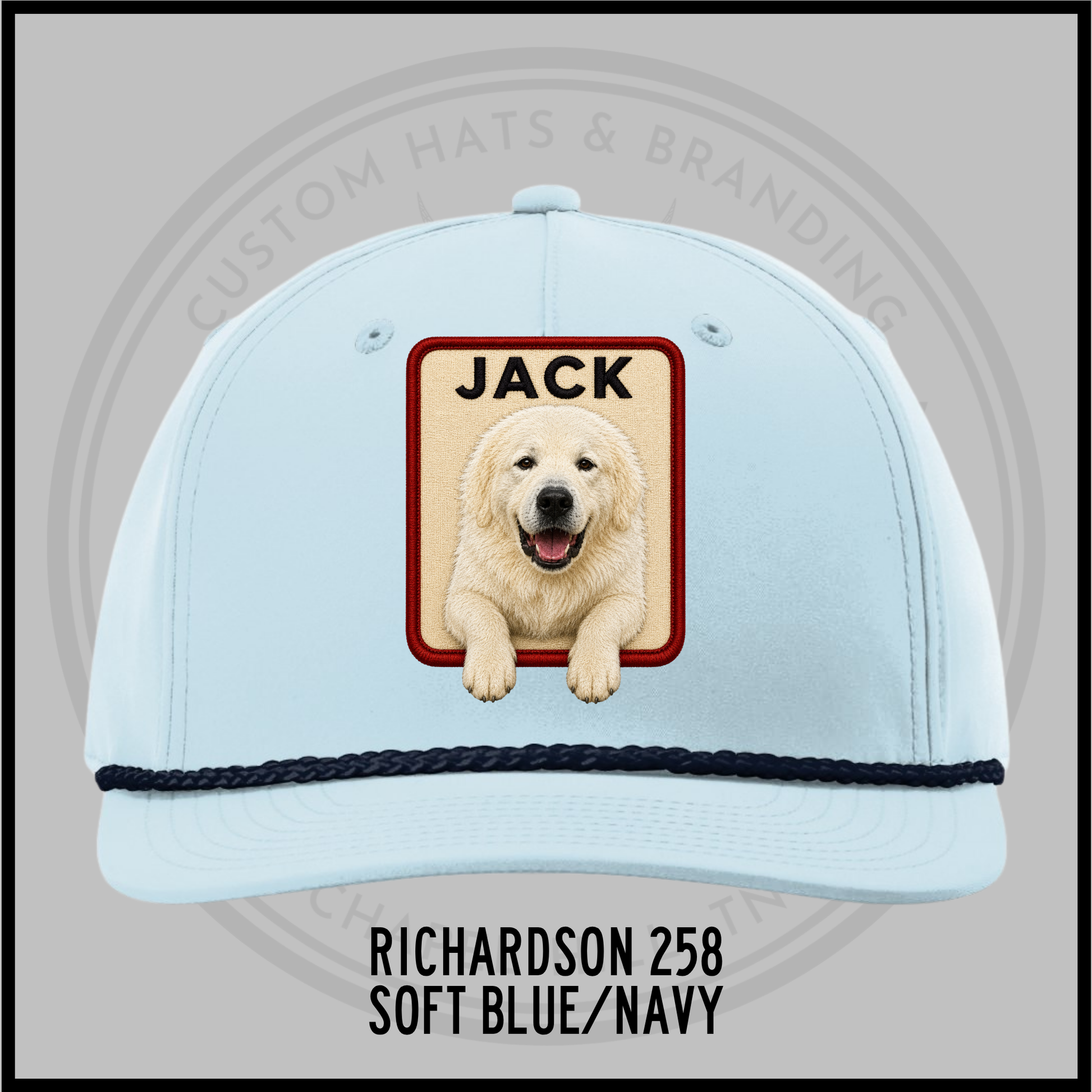 Customized dog personality baseball cap, soft blue with navy trim, patch 'JACK'.