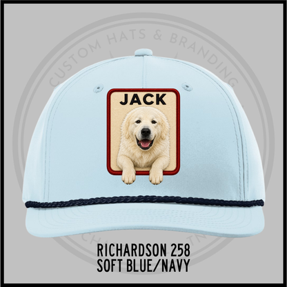 Customized dog personality baseball cap, soft blue with navy trim, patch 'JACK'.