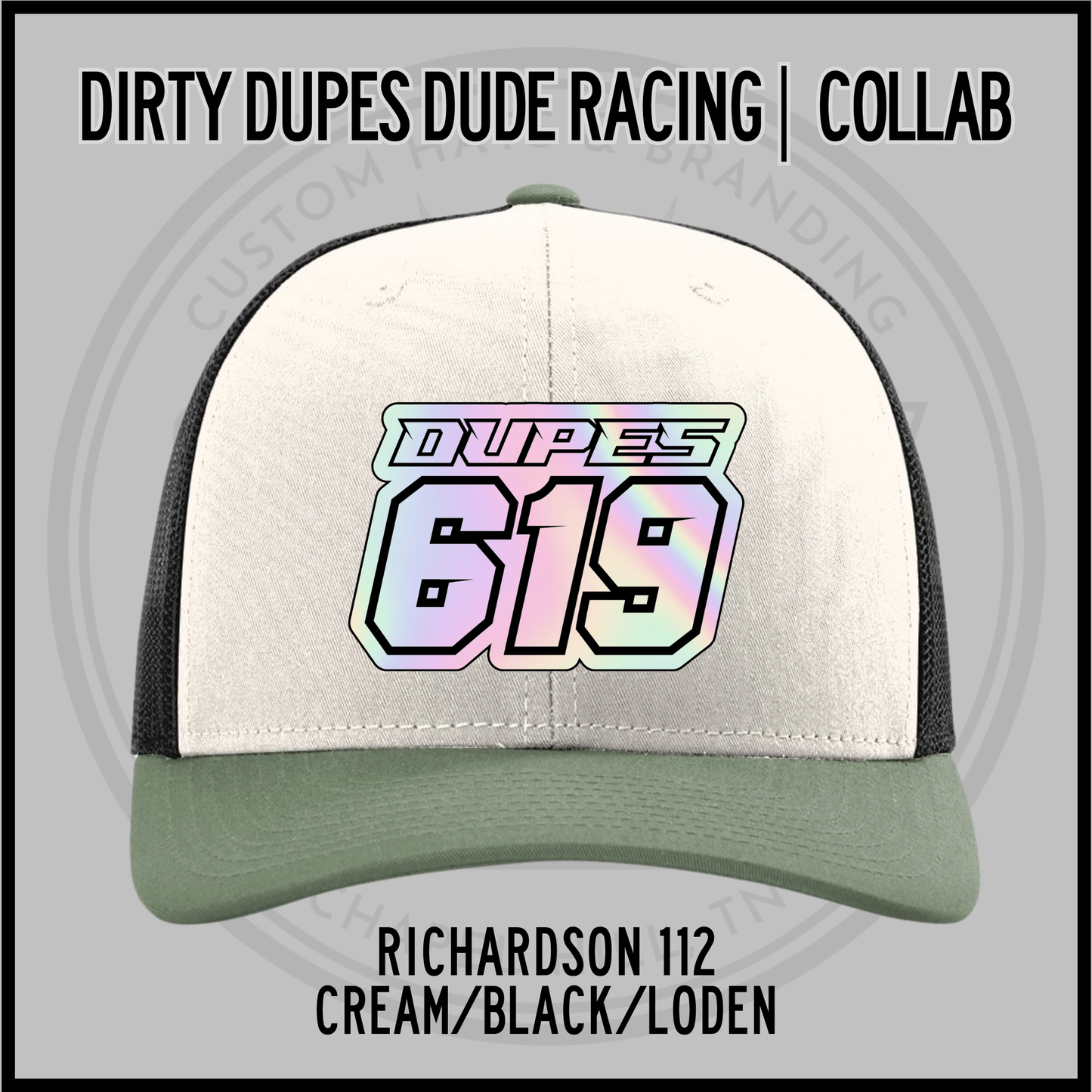 Cream baseball cap with black sides, green brim, and 619 racing logo patch