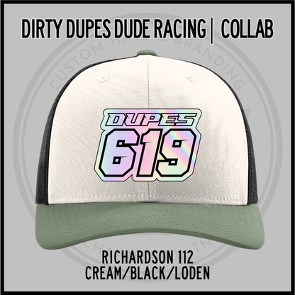 Cream baseball cap with black sides, green brim, and 619 racing logo patch