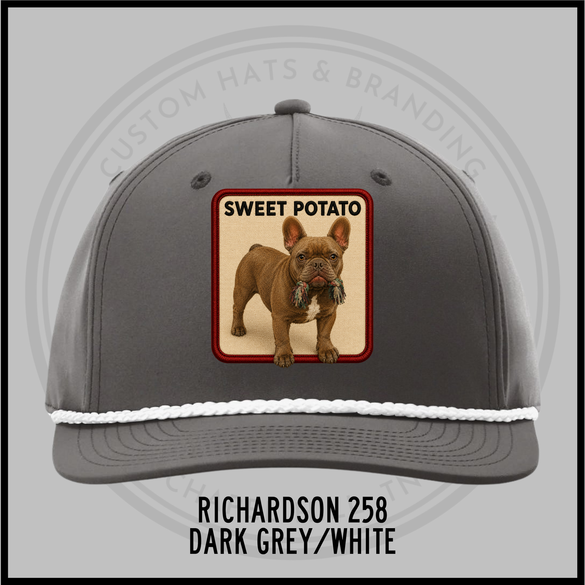 Customized dog personality baseball cap, dark grey with white trim, patch 'SWEET POTATO'.