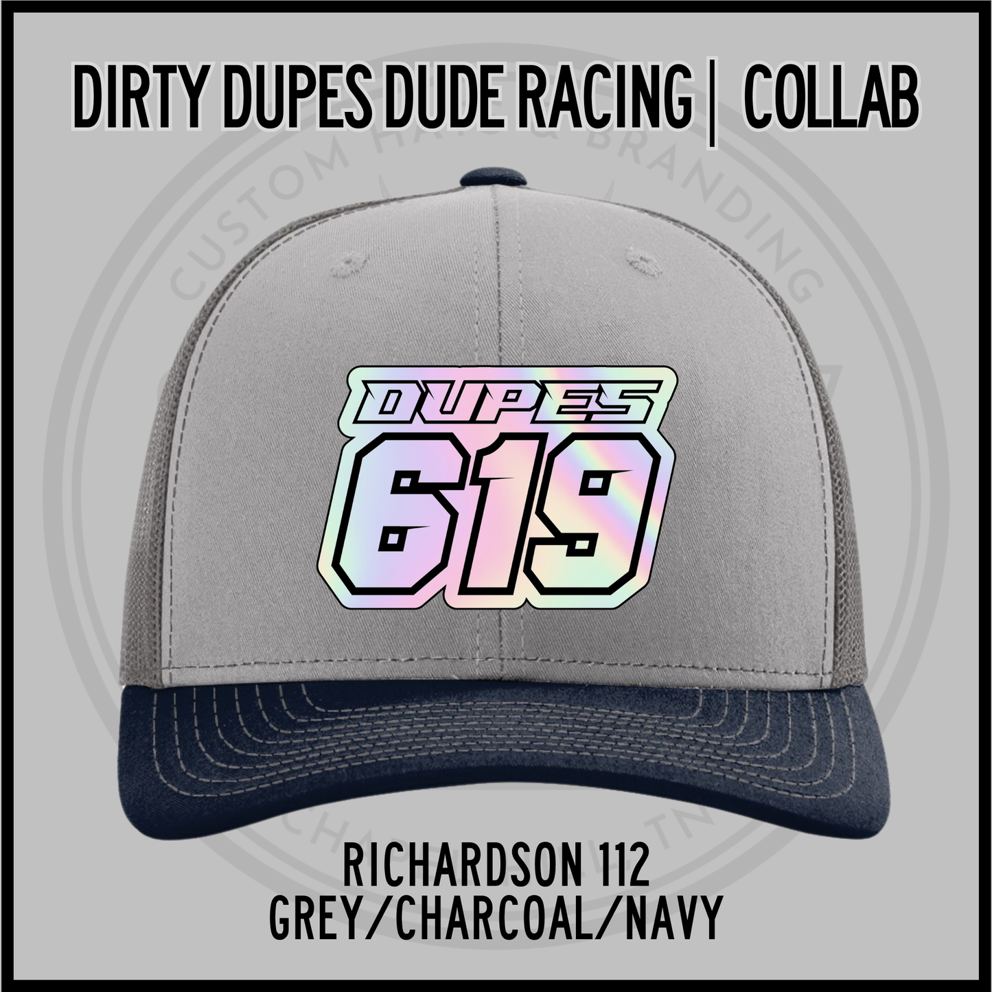 Grey baseball cap with charcoal front, navy brim, and 619 racing logo patch