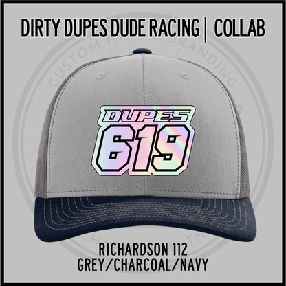 Grey baseball cap with charcoal front, navy brim, and 619 racing logo patch
