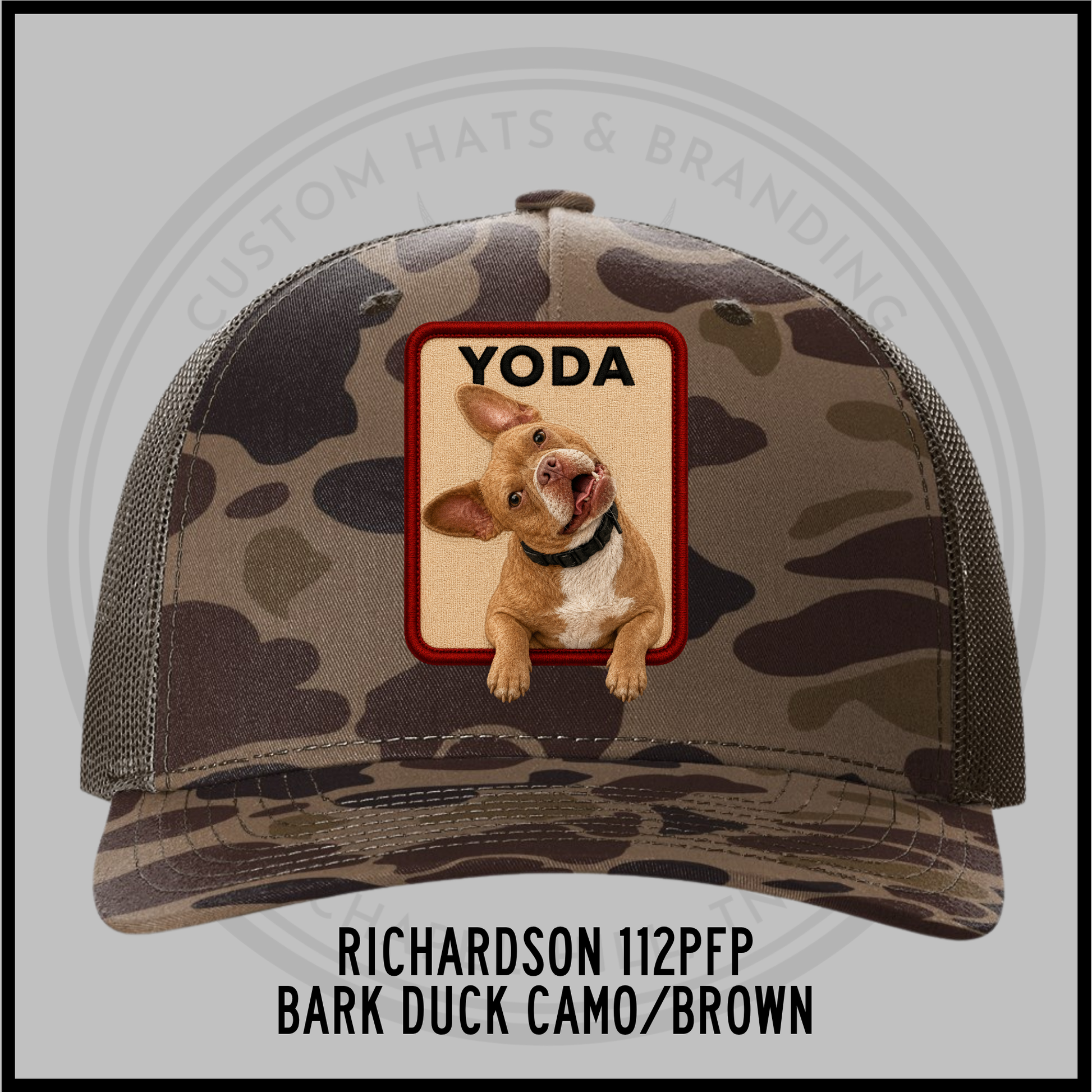Camo brown custom trucker hat with dog patch labeled YODA