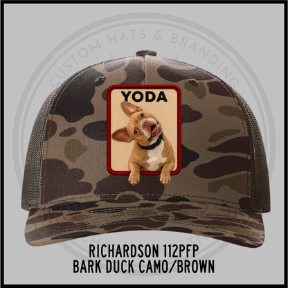 Camo brown custom trucker hat with dog patch labeled YODA