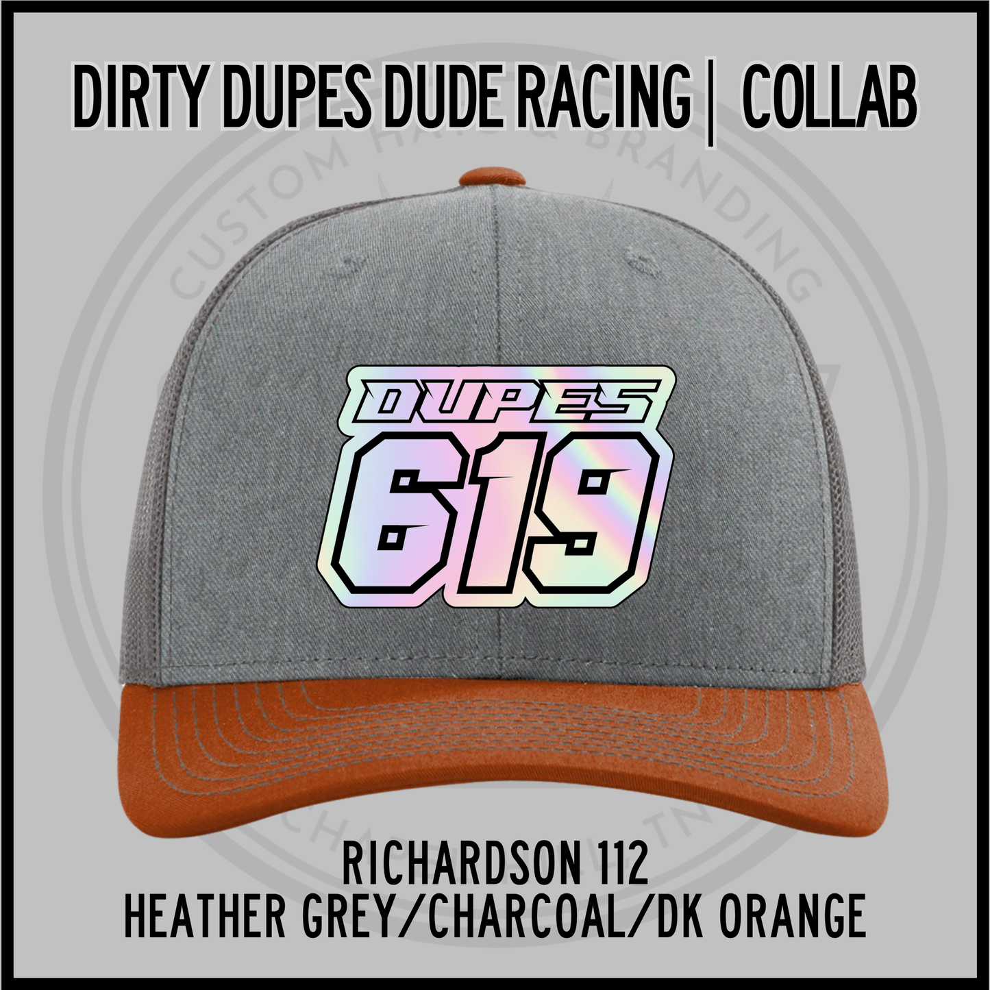 Heather grey baseball cap with charcoal front, dark orange brim, and 619 logo