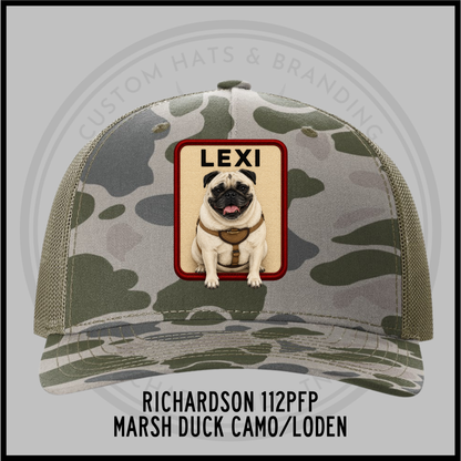 Camo green custom trucker hat with dog patch labeled LEXI