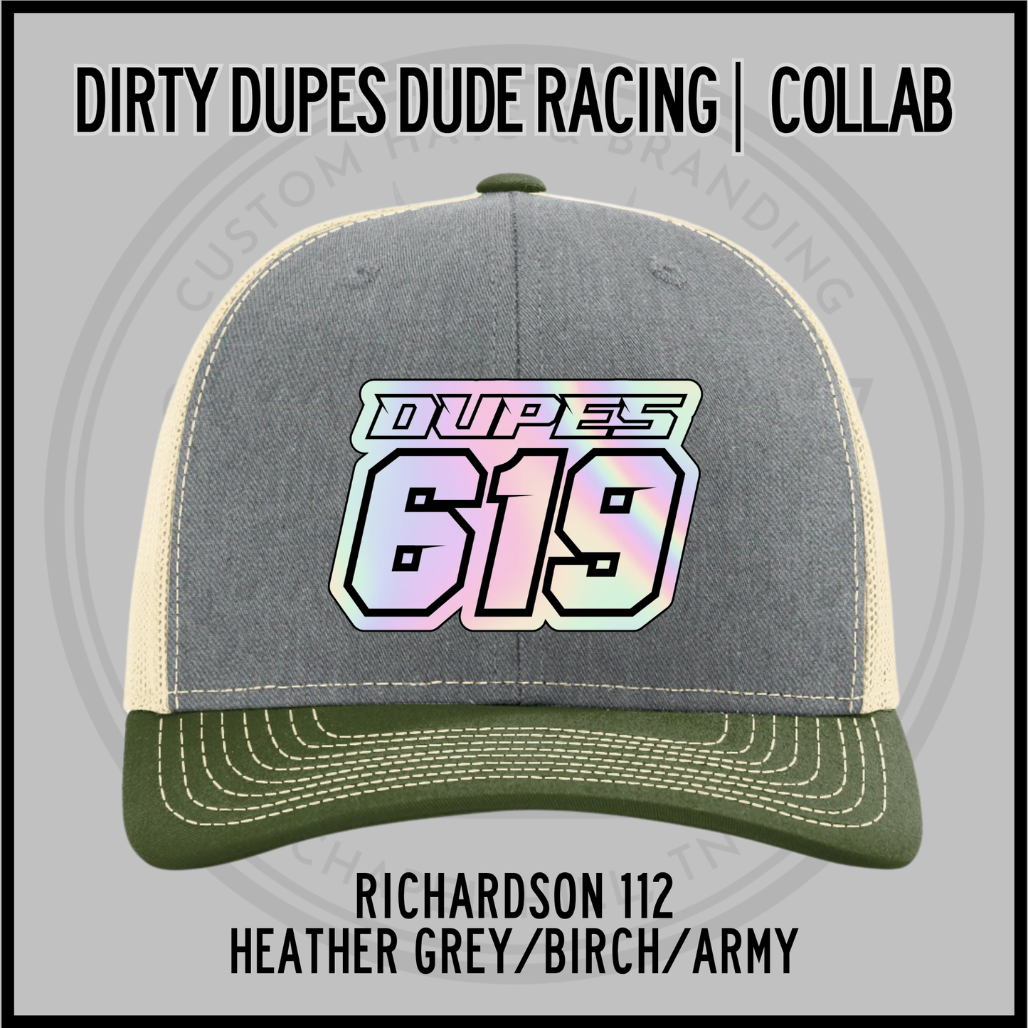 Heather grey baseball cap with birch crown, olive green brim, and 619 logo