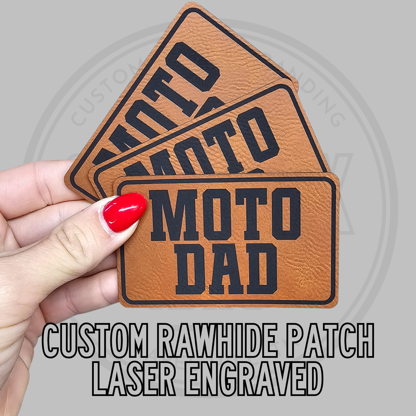 Tan leatherette patch with 'MOTO DAD' text and 'custom rawhide' style badge border