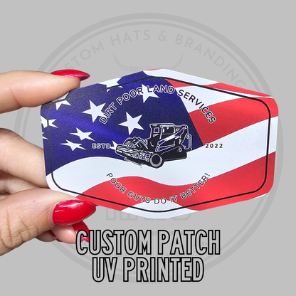UV printed patch with patriotic red, white, and blue design and truck logo, rectangular