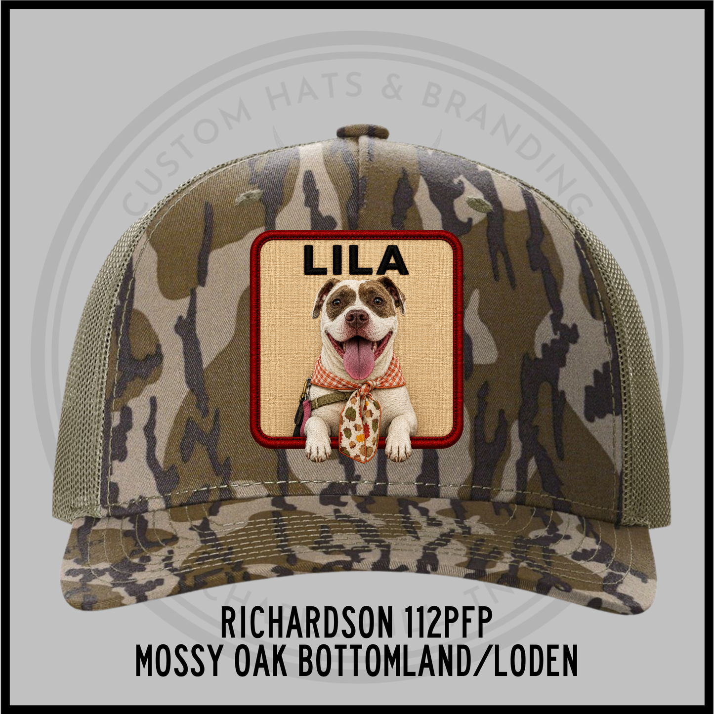 Camo moss custom trucker hat with dog patch labeled LILA