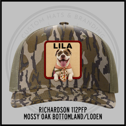Camo moss custom trucker hat with dog patch labeled LILA