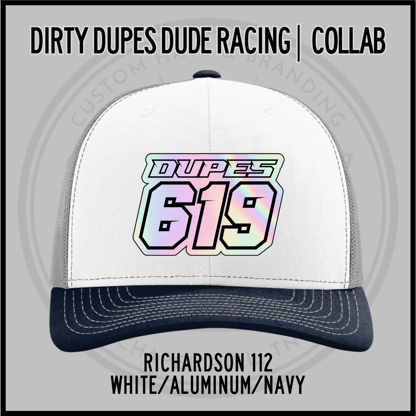 White baseball cap with navy brim, and 619 racing logo patch