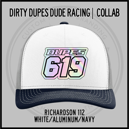 White baseball cap with navy brim, and 619 racing logo patch