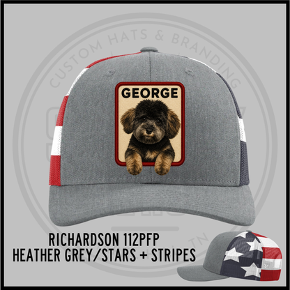 Customized dog personality trucker cap, heather grey with stars-and-stripes sides, patch 'GEORGE'.