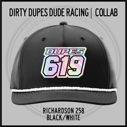 Black baseball cap with white brim trim and 619 racing logo patch