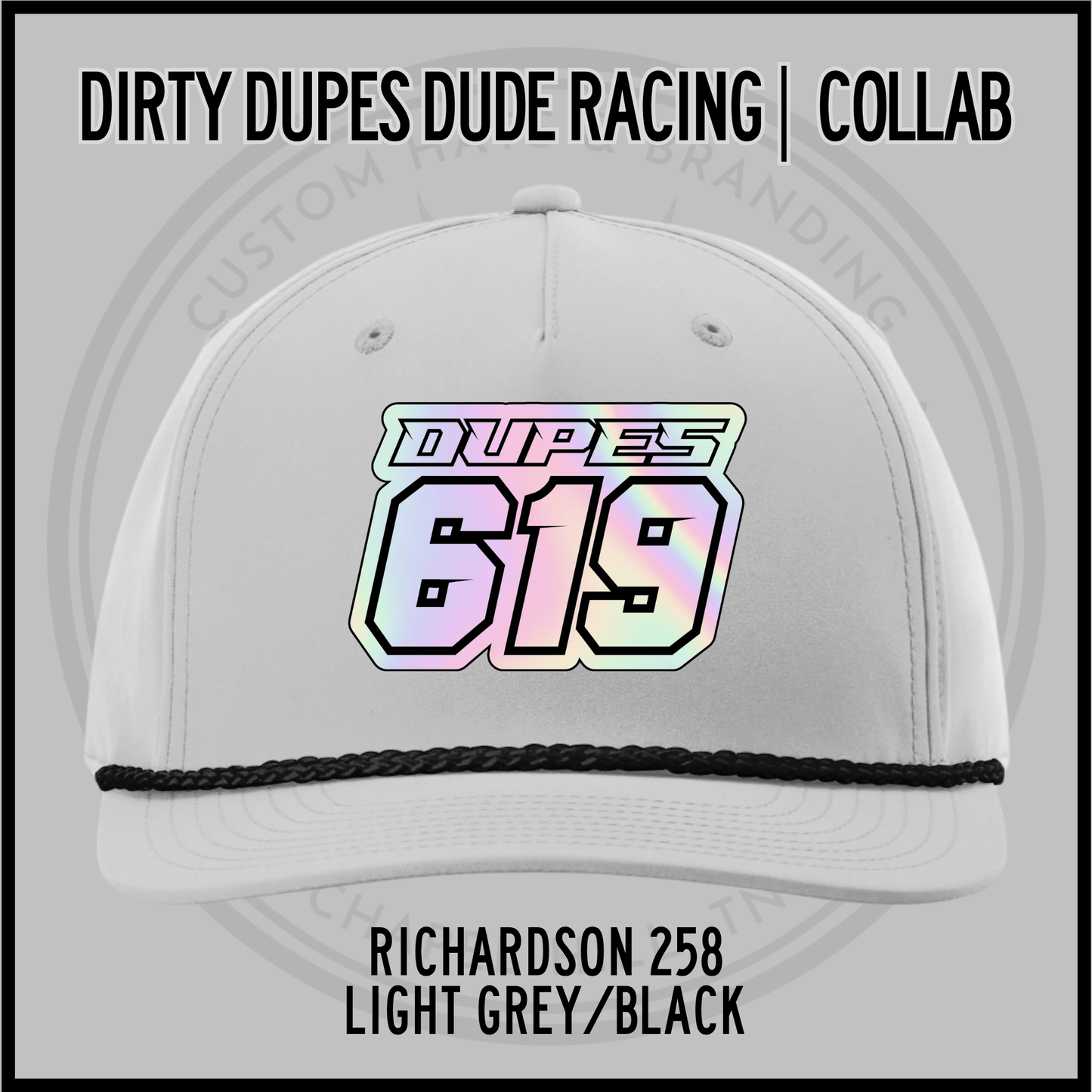 Light grey baseball cap with black brim trim, and 619 racing logo patch