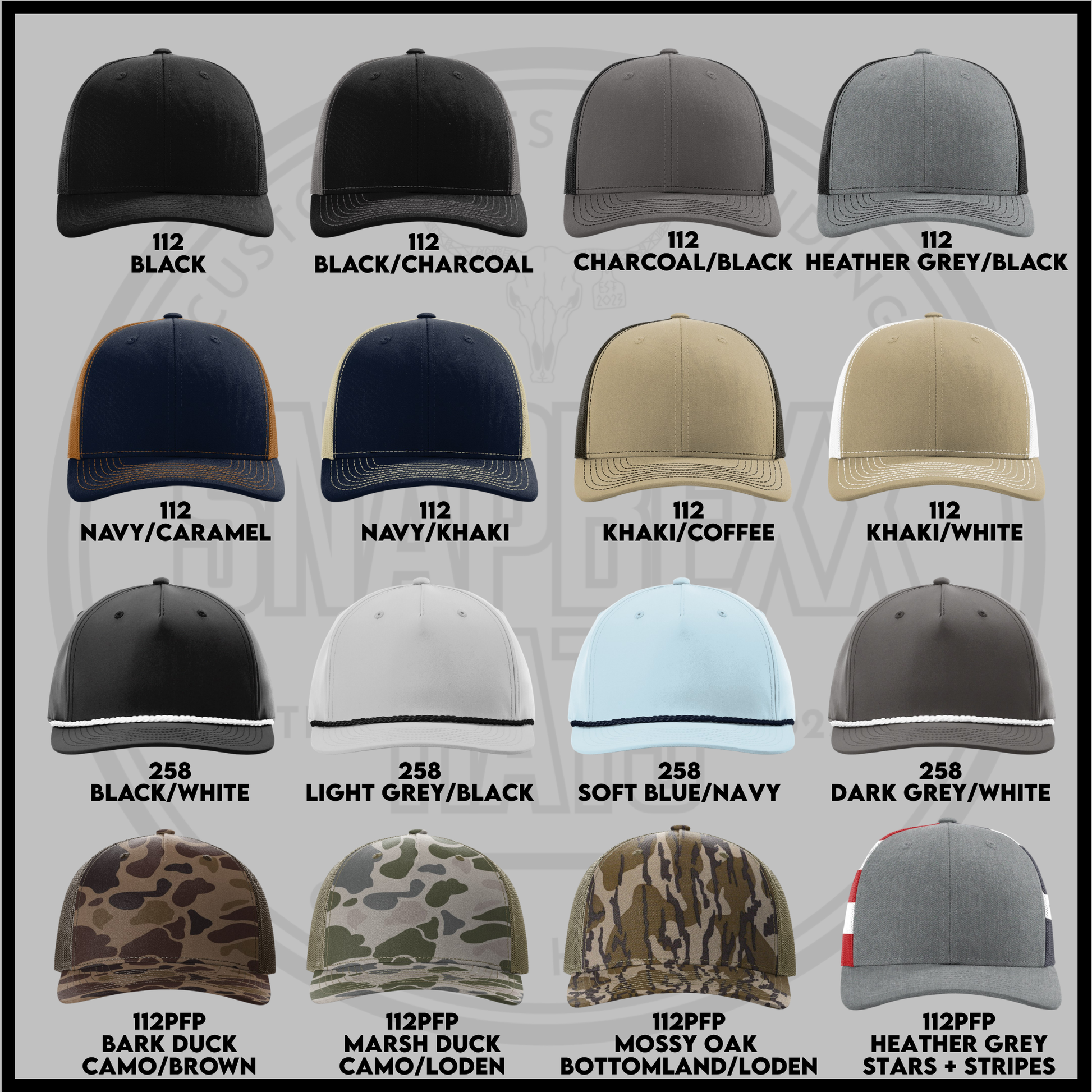 Custom dog personality baseball caps, assorted colors and trims shown together.