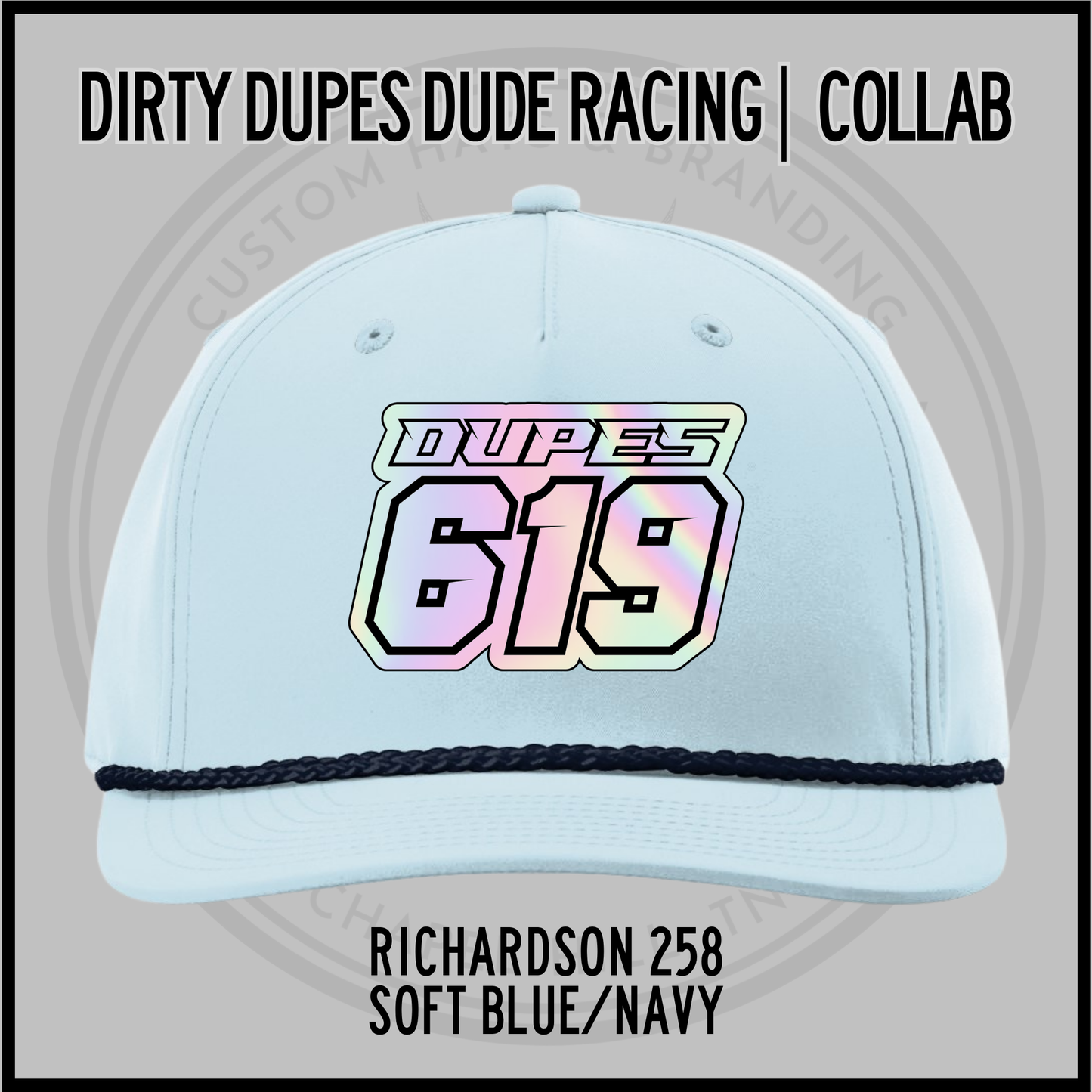 Soft blue baseball cap with navy brim trim, and 619 racing logo patch