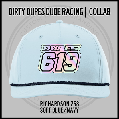 Soft blue baseball cap with navy brim trim, and 619 racing logo patch