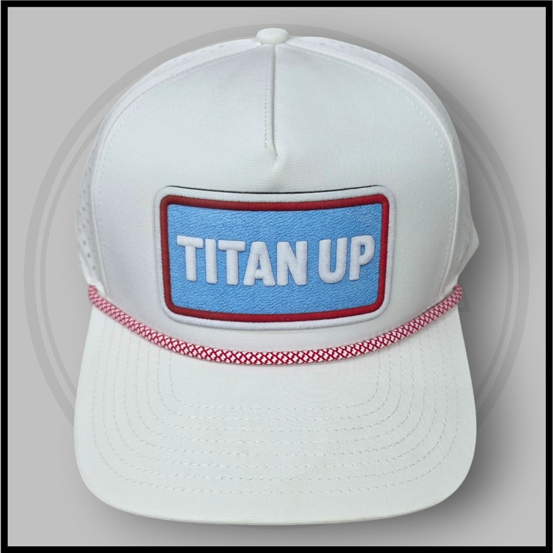 White baseball cap, front logo patch with blue center and red border, curved brim
