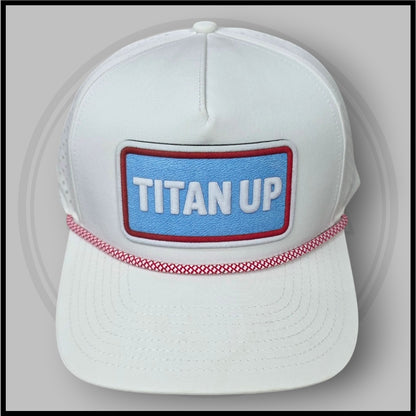 White baseball cap, front logo patch with blue center and red border, curved brim