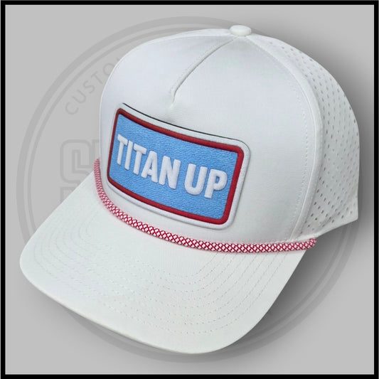 White baseball cap with blue logo patch, red trim, and perforated side panels