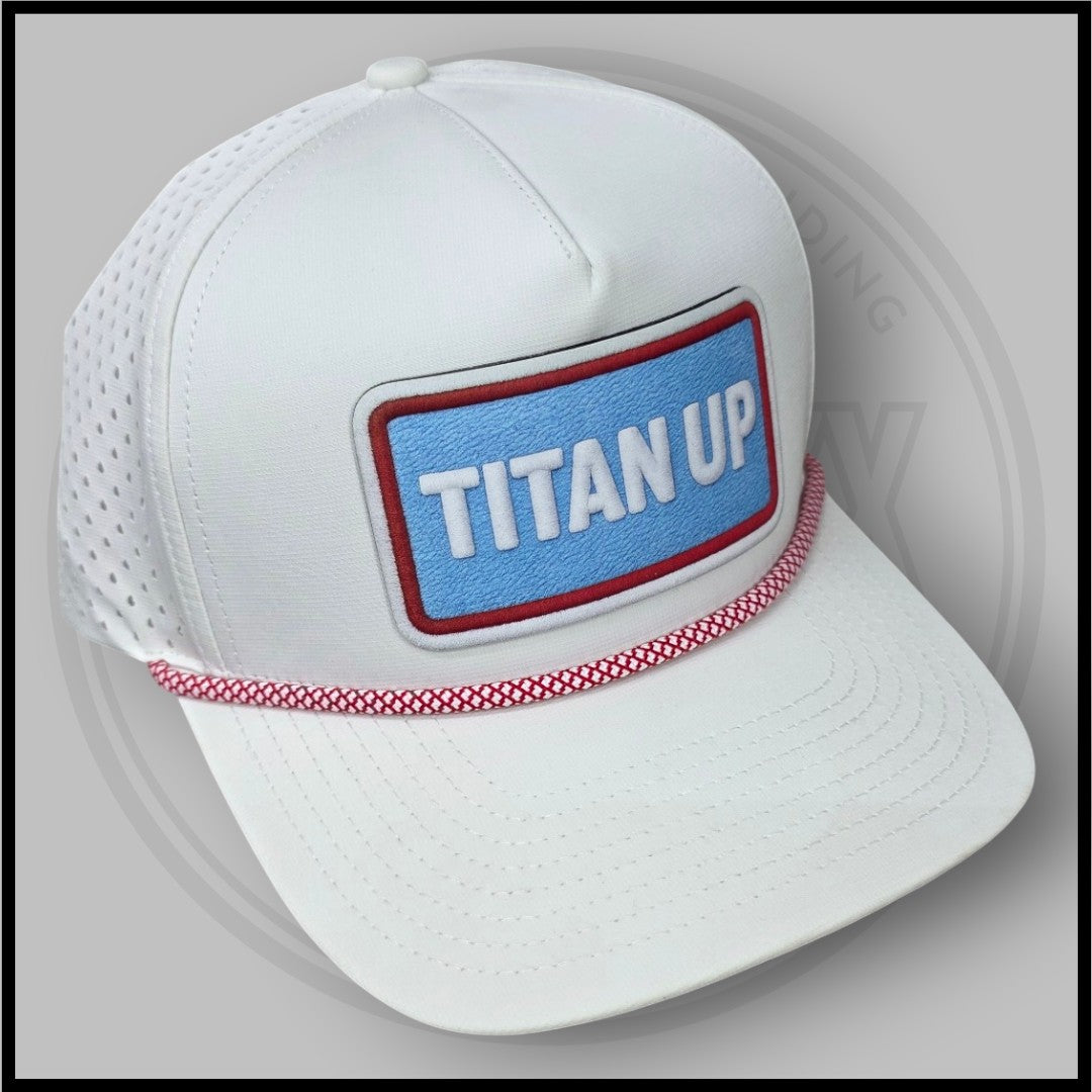 White baseball cap angled view with perforated panels and blue front logo patch